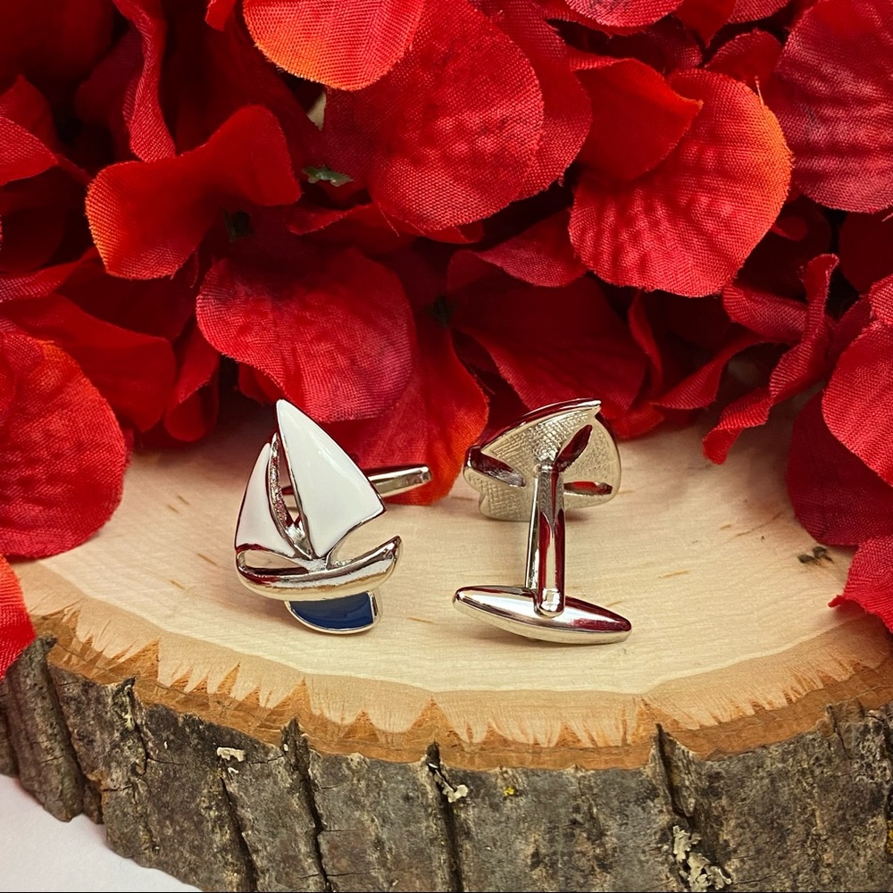 White and Blue Sailboat Cufflinks - Picture 11 of 16